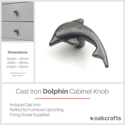 Small Cast Iron Dolphin Cabinet Knob - Approx 50mm - Pack of 2