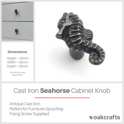 Small Cast Iron Seahorse Cabinet Knob - Approx 45mm - Pack of 6