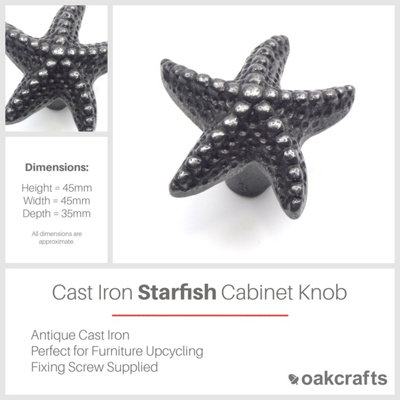 Small Cast Iron Starfish Cabinet Knob - Approx 45mm - Pack of 2