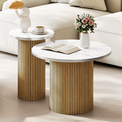 Small Coffee Table Set of 2,Round Coffee Tables for Living Room,Oak