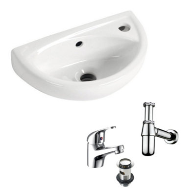 Small Compact Bathroom Cloakroom Basin Sink Wall Hung Curved with Tap & Bottle Trap