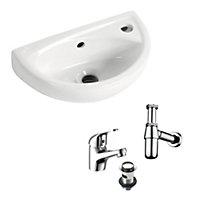 Small Compact Tiny Bathroom Cloakroom Basin Sink Wall Hung Curved with Tap & Bottle Trap