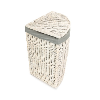 Small Corner White Wash Laundry Hamper Wih Grey Sage Lining