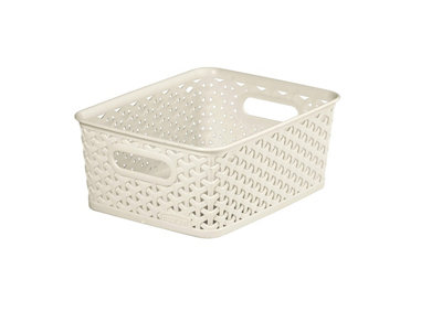 Small Cream Curver Rattan Storage Basket Plastic Desk Tray Tidy Shelf Basket 4L