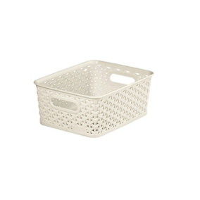 Small Cream Curver Rattan Storage Basket Plastic Desk Tray Tidy Shelf Basket 4L