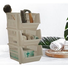 Small Cream Stacking Storage Baskets 3 Tier Kitchen Home Office