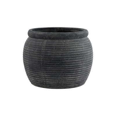 SMALL DARK GREY RIBBED ROUND CERAMIC PLANT POT