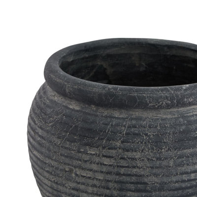 SMALL DARK GREY RIBBED ROUND CERAMIC PLANT POT