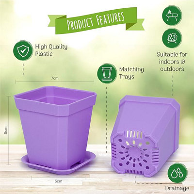 Small Decorative Square Plant Pots, Colourful Plastic Plant Pots with Trays - in Yellow, Blue, Pink and Purple (15 Pack)