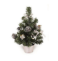 Small Dressed Table Top Christmas Tree - Decorations Included - Silver Gold Red