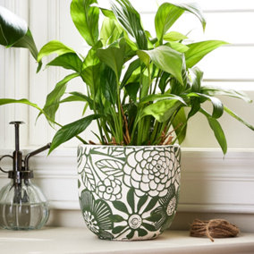 Small Embossed Flower Pot Green & White Botanical Relief Indoor Outdoor Garden Planter Houseplant Succulent Plant Pot
