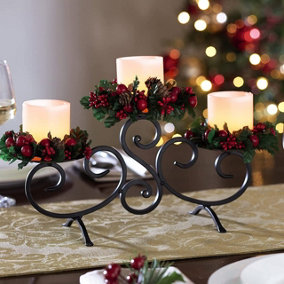 Small Festive Floral Candle Holder with Pinecone & Berry Decorations & LED Candles - Measures H15.5 x W32.5 x D12.5cm