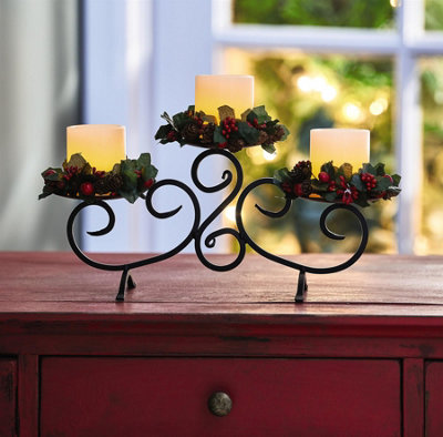Small Festive Floral Candle Holder with Pinecone & Berry Decorations & LED Candles - Measures H15.5 x W32.5 x D12.5cm