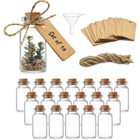 Small Glass Bottles with Corks (25ml x 16 Pack) Craft Labels, String, and Funnel for DIY Crafts, Wedding Favours