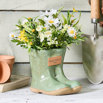 Small Green Ceramic Boots Flower Planter with "Happy Father's Day" Engraved Plaque Gardening Gift (H)10cm, (W)12cm