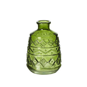 Small Green Glass Aztec Pattern Vase (Height) 11 cm - Ideal for a Christmas Table Centrepiece