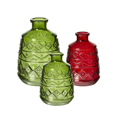 Small Green Glass Aztec Pattern Vase (Height) 11 cm - Ideal for a Christmas Table Centrepiece