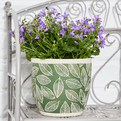 Small Green Leaf Patterned Indoor Flower Pot Outdoor Garden Planter (H) 12.5cm, (Dia)13.5cm