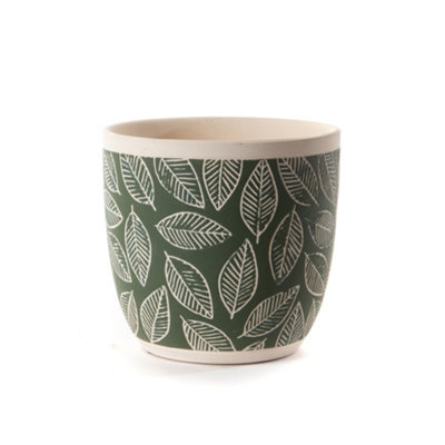 Small Green Leaf Patterned Indoor Flower Pot Outdoor Garden Planter (H) 12.5cm, (Dia)13.5cm