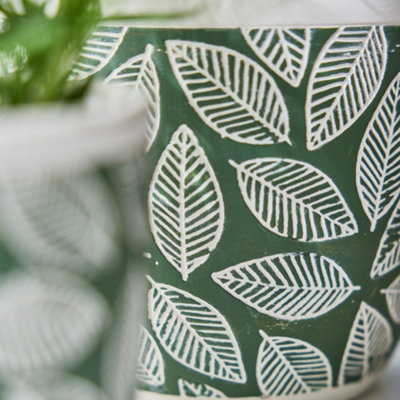 Small Green Leaf Patterned Indoor Flower Pot Outdoor Garden Planter (H) 12.5cm, (Dia)13.5cm