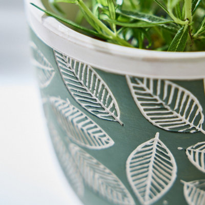 Small Green Leaf Patterned Indoor Flower Pot Outdoor Garden Planter (H) 12.5cm, (Dia)13.5cm