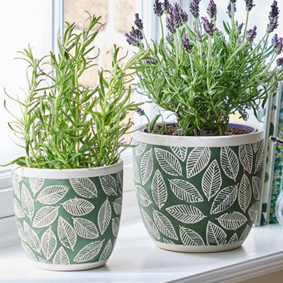 Small Green Leaf Patterned Indoor Flower Pot Outdoor Garden Planter (H) 12.5cm, (Dia)13.5cm