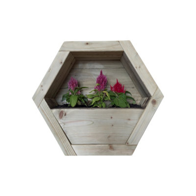 Small Hanging Wooden Hexagon Wall Planter - L16 x W34 x H30 cm - Fully ...