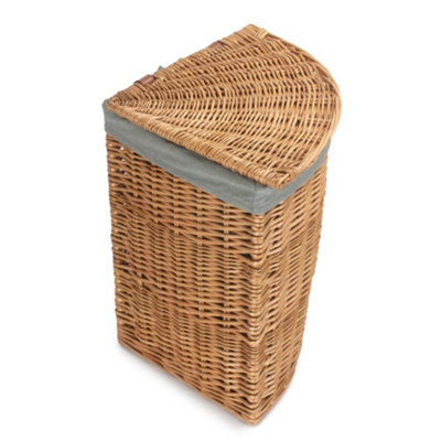 Small Light Steamed Corner Linen Basket with Grey Sage Lining