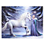 Small Magical Winter Scene and White Unicorn Canvas Print Plaque by Anne Stokes. Height 19 cm, Width 25 cm.