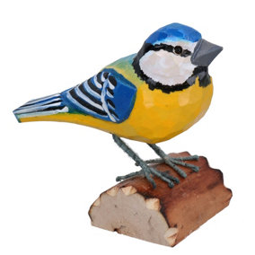 Small Metal British Bird Hand Carved Wooden Blue Tit Home Garden Décor Gift
