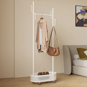 Small Metal Freestanding Clothes Rack with Wheels and Basket, Cream White