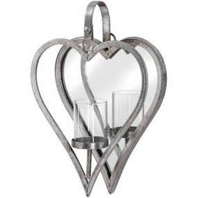 Small Mirrored Heart Candle Holder - Metal/Glass - L7 x W23 x H34 cm - Antique Silver