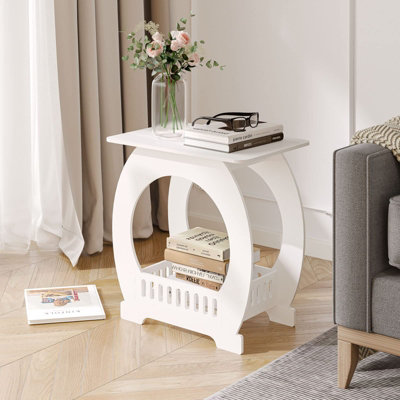 Small Multifunctional Side Table with Storage Basket & Shelf, Round