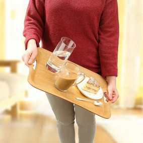 Small Non-Slip Tray - Oak Finish Serving or Lap Tray with Handles & Anti-Slip Coating, Prevents Spills & Splashes - 37.5 x 26cm