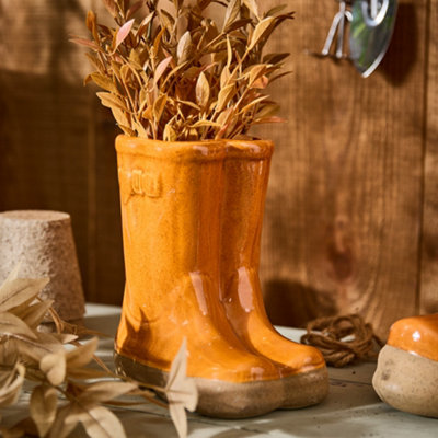 Small Orange Double Wellington Boots Ceramic Indoor Outdoor Flower