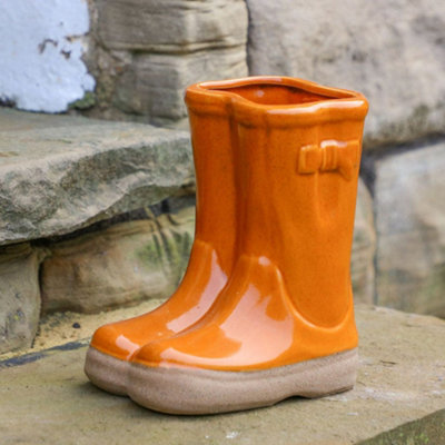 Small Orange Double Wellington Boots Ceramic Indoor Outdoor Summer Flower Pot Garden Planter Pot