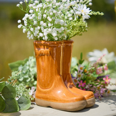 Small Orange Double Wellington Boots Outdoor Ceramic Flower Pot Garden Planter Pot Gift for Gardeners
