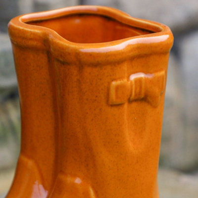 Small Orange Double Wellington Boots Outdoor Ceramic Flower Pot Garden Planter Pot Gift for Gardeners