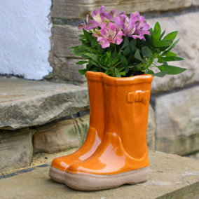 Small Orange Double Wellington Boots Outdoor Summer Ceramic Flower Pot Garden Planter Pot Gift for Gardeners