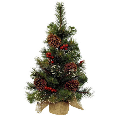 Small Pine Cone & Berries Christmas Tree with Hessian Base, Tabletop Artificial Pine Christmas Tree 60cm/2ft