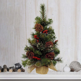 Small Pine Cone & Berries Christmas Tree with Hessian Base, Tabletop Artificial Pine Mini Christmas Tree 45cm/1.5ft