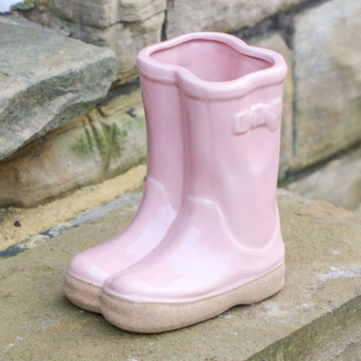 Small Pink Double Wellington Boots Ceramic Indoor Outdoor Flower Pot Garden Planter Pot DIY at B Q