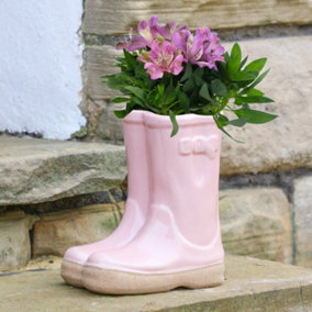 Small Pink  Double Wellington Boots Outdoor Summer Ceramic Flower Pot Garden Planter Pot Gift for Gardeners