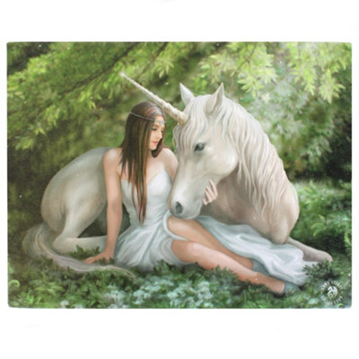 Small Pure Heart Unicorn and Druid Magical Wall Canvas Print Plaque by Anne Stokes. H19 cm.  Mounted on a Wooden Frame.