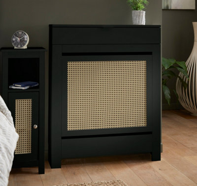 Small Radiator Cover with Drawer and Rattan Panels in Black