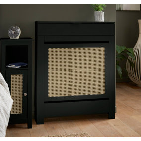 Small Radiator Cover with Drawer and Rattan Panels in Black