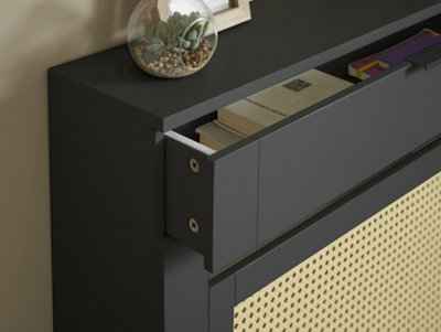Small Radiator Cover with Drawer and Rattan Panels in Black