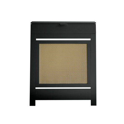 Small Radiator Cover with Drawer and Rattan Panels in Black - 3