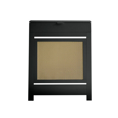 Small Radiator Cover with Drawer and Rattan Panels in Black
