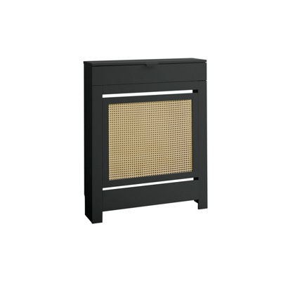 Small Radiator Cover with Drawer and Rattan Panels in Black - 4